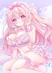 Rule 34 | 1girl, absurdres, ass, bare shoulders, barefoot, bikini, blush, bow, bowtie, breasts, chiika (cure cherish), cleavage, detached collar, hair bow, hair ornament, headdress, highres, jewelry, large breasts, long hair, looking at viewer, navel, original, pink bikini, pink bow, pink eyes, pink hair, ribbon, solo, stomach, swimsuit, thighlet, tia (chiika cure cherish), white bikini, white bow, wrist cuffs, yume kawaii