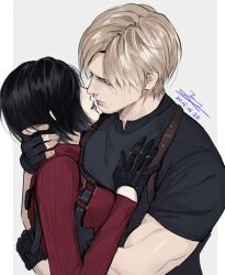 1boy 1girl ada_wong black_gloves black_hair blonde_hair blue_shirt breasts chest_harness commentary couple dated dress facing_another fingerless_gloves from_behind gloves hand_on_another&#039;s_back hand_on_another&#039;s_chest hand_on_another&#039;s_head harness holster hug imminent_kiss leon_s._kennedy lips long_sleeves medium_breasts meow_(cindy738) parted_lips profile red_sweater resident_evil resident_evil_4 resident_evil_4_(remake) ribbed_sweater shirt short_hair short_sleeves shoulder_holster signature sweater sweater_dress symbol-only_commentary turtleneck turtleneck_sweater upper_body