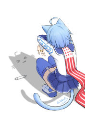 &gt;_&lt; 1girl :3 absurdres animal_ears artist_name atlanta_(warship_girls_r) blue_hair blue_sailor_collar blue_sky blue_thighhighs cape cat_ears cat_girl cat_shadow_puppet_(meme) cat_tail crayon crossed_arms from_above from_behind full_body garter_straps highres meme red_cape sailor_collar shadow shirt simple_background sky solo tail thighhighs warship_girls_r white_background white_shirt williamb x3