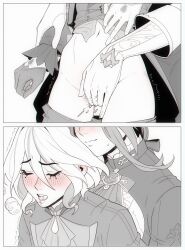 Rule 34 | 2girls, absurdres, ascot, blush, clorinde (genshin impact), closed eyes, closed mouth, clothes pull, commentary, english commentary, fingering, furina (genshin impact), genshin impact, gloves, greyscale, highres, jacket, long hair, monochrome, multiple girls, open mouth, pants, pants pull, paw (286456), pussy juice, reach-around, short hair, spot color, vaginal, yuri