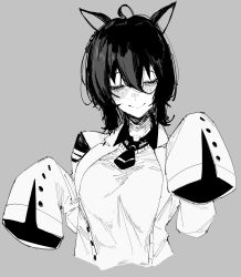 10_4_(10f0ur) 1girl absurdres agnes_tachyon_(umamusume) animal_ears closed_eyes coat grey_background highres horse_ears horse_girl lab_coat long_sleeves simple_background sleeves_past_fingers sleeves_past_wrists smile solo umamusume upper_body white_coat