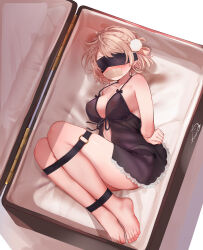 1girl arms_behind_back babydoll black_babydoll black_blindfold black_panties blindfold blush bound bound_ankles bound_legs bound_wrists box braid breasts briefcase brown_hair covered_erect_nipples crown_braid festa11307070 from_side gag hair_ornament hair_rings improvised_gag in_box in_container indie_virtual_youtuber medium_breasts o-ring paid_reward_available panties panties_visible_through_clothes pom_pom_(clothes) pom_pom_hair_ornament restrained see-through_clothes shigure_ui_(vtuber) short_hair solo tape tape_gag thighs toes underwear variant_set virtual_youtuber