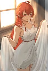 1girl ahoge babydoll bare_shoulders collarbone commentary eris_greyrat hands_up highres holding indoors kurogoma183 long_hair looking_at_viewer mushoku_tensei parted_lips red_eyes red_hair solo standing white_babydoll window