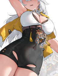 1girl absurdres arm_up armpits bangboo_(zenless_zone_zero) black_bra black_shorts bra bra_peek breasts cleavage commentary eous_(zenless_zone_zero) highres jacket large_breasts long_hair paid_reward_available parted_lips shirt shorts simple_background solo thighs underwear vincent_leo white_background white_hair white_shirt yellow_jacket yi_xuan_(zenless_zone_zero) zenless_zone_zero