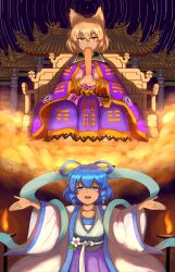 2girls aoiueo12 blonde_hair blue_eyes blue_hair chinese_clothes hagoromo hair_ornament hair_rings hair_stick highres holding kaku_seiga looking_at_viewer looking_up multiple_girls purple_skirt purple_tabard shawl short_hair sitting skirt smile tabard touhou toyosatomimi_no_miko wide_sleeves