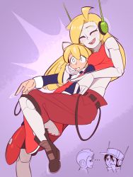 2boys 2girls absurdres android blonde_hair blush boots child colored_skin crossover curly_brace doukutsu_monogatari drawfag dress hat helmet highres hug long_hair mega_man_(character) mega_man_(classic) mega_man_(series) multiple_boys multiple_girls nickleflick open_mouth pants quote_(doukutsu_monogatari) robot_ears roll_(mega_man) surprised white_skin