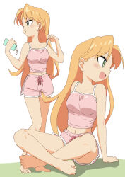 Rule 34 | 1girl, barefoot, breasts, camisole, green eyes, indian style, long hair, medium breasts, multiple views, navel, open mouth, orange hair, pink camisole, pink shorts, ruri no houseki, ryuuma (norinori taruto), shorts, simple background, sitting, sketch, tanigawa ruri, toes, white background