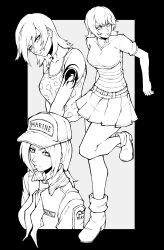 1girl absurdres arm_tattoo boots breasts disguise greyscale hat highres kekel marine_uniform_(one_piece) medium_breasts medium_hair military_uniform monochrome multiple_views nami_(one_piece) nami_(one_piece)_(east_blue) naval_uniform one_piece pleated_skirt shirt shoulder_tattoo skirt striped_clothes striped_shirt tank_top tattoo