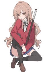 1girl :/ aiko_(kanl) aisaka_taiga black_ribbon black_thighhighs blue_skirt blush bokken brown_eyes brown_hair brown_shoes buttons chinese_commentary closed_mouth commentary double-breasted full_body highres holding holding_sword holding_weapon invisible_floor jacket knee_up loafers long_hair long_sleeves neck_ribbon on_floor oohashi_high_school_uniform pleated_skirt red_jacket ribbon school_uniform shirt shoes simple_background single_hair_intake skirt solo sword thighhighs toradora! v-shaped_eyebrows very_long_hair wavy_hair weapon white_background white_shirt winter_uniform wooden_sword yellow_eyes zettai_ryouiki