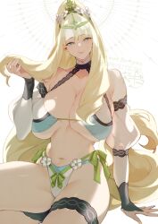 1girl alternate_costume blonde_hair breasts eve_(fire_emblem_engage) fire_emblem fire_emblem_engage green_eyes high_ponytail highres long_hair looking_at_viewer mature_female navel negiwo nintendo ponytail