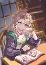 1girl absurdres arm_on_table artist_name blonde_hair blonney blurry blurry_background bookshelf bracelet breasts cleavage closed_mouth earrings elbow_rest green_sports_bra hand_on_own_cheek hand_on_own_face hand_up highres indoors jacket jewelry long_hair long_sleeves looking_at_viewer midriff navel notebook on_chair purple_eyes purple_jacket reverse:1999 shiwei_(wuchanshiwei) signature sitting smile solo sports_bra table upper_body window