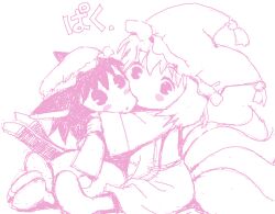 2girls animal_ears animal_hat blush_stickers cat_ears cat_girl cat_tail chen commentary_request dress fox_girl fox_tail full_body hat hug looking_at_another mob_cap monochrome multiple_girls multiple_tails onikobe_rin open_mouth pink_theme short_hair simple_background sitting sketch tail touhou two_tails yakumo_ran