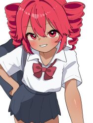 1girl alternate_costume blush bow bowtie collared_shirt drill_hair grey_skirt grin haru_maron highres kasane_teto looking_at_viewer loose_bowtie miniskirt pleated_skirt red_eyes red_hair school_uniform shirt short_sleeves skirt smile solo standing tan twin_drills utau white_shirt