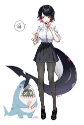1girl black_choker black_hair black_pantyhose black_shoes black_skirt black_tail breasts buttons choker collared_shirt colored_inner_hair commentary creature dress_shirt ellen_joe food full_body hair_ornament hairclip highres holding holding_food holding_ice_cream ice_cream large_breasts matsuoka_(mtok_0) mole mole_under_eye multicolored_hair pantyhose pink_hair pleated_skirt red_eyes shirt shirt_tucked_in shoes short_hair simple_background skirt sleeves_pushed_up solo spoken_squiggle squiggle standing tail white_background white_shirt x_hair_ornament zenless_zone_zero