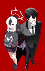 Rule 34 | 1boy, 1girl, absurdres, black hair, black hoodie, black horns, black necktie, black pants, black shoes, black vest, blue archive, blue shoes, closed mouth, commentary, formal clothes, from above, full body, grey halo, halo, hands in pockets, highres, hood, hoodie, horns, kayoko (blue archive), looking at viewer, looking up, low wings, multicolored hair, necktie, pants, pleated skirt, ponytail, red background, sensei (blue archive), shoes, short hair, simple background, single wing, skirt, standing, toriko (honmono), two-tone hair, vest, white hair, wings