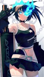 Rule 34 | 1girl, absurdres, armored gloves, black hair, black rock shooter, black rock shooter beast, blue crown, blue eyes, blue fire, commission, crown, fire, flaming eye, floating crown, glowing, glowing eye, highres, lib 100, skeletal hand, skirt, solo, stitched chest, stitched torso, stitches, sword, thighhighs, twintails, uneven twintails, weapon