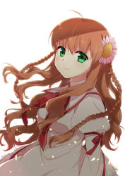Rule 34 | 1girl, ahoge, arms at sides, blush, braid, breasts, brown hair, closed mouth, commentary request, cowboy shot, dress, eyelashes, floating hair, flower, green eyes, hair between eyes, hair flower, hair ornament, highres, juliet sleeves, kanbe kotori, kazamatsuri institute high school uniform, light particles, long hair, long sleeves, looking at viewer, medium breasts, misaki juri, pink flower, puffy sleeves, rewrite, school uniform, sidelocks, simple background, smile, solo, standing, twin braids, very long hair, wavy hair, white background, white dress, wide sleeves