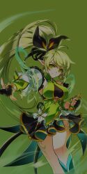 1girl ahoge back_ribbon bare_shoulders black_bow black_gloves black_ribbon black_skirt boots bow breasts clenched_hand closed_mouth cowboy_shot detached_sleeves dot_nose dress earrings elf elsword fingerless_gloves flower frilled_dress frilled_sleeves frills gloves gold_earrings green_background green_boots green_eyes green_hair green_theme hair_bow hair_ribbon halter_dress halterneck high_side_ponytail highres hoop_earrings hwansang jewelry knee_boots large_breasts leg_tattoo lily_(flower) long_hair long_sleeves looking_at_viewer miniskirt official_art outstretched_arm pleated_skirt pointy_ears puffy_long_sleeves puffy_sleeves rena_erindel ribbon second-party_source short_dress simple_background skirt skirt_under_dress smile solo standing swept_bangs tattoo turtleneck turtleneck_dress very_long_hair white_flower white_sleeves wind