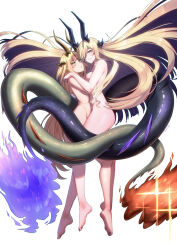 2girls arknights asymmetrical_docking belly-to-belly blonde_hair breast_press breasts completely_nude dragon_girl dragon_horns dragon_tail eastern_dragon_tail fire flame-tipped_tail from_side highres horns intertwined_tails large_breasts long_hair multiple_girls necrass_(arknights) nude reed_(arknights) siblings sisters smile tail very_long_hair very_long_tail yamauchi_(conan-comy) yuri