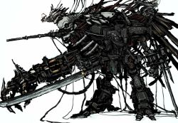 1990s_(style) aerith_gainsborough alternate_form cable faux_traditional_media final_fantasy final_fantasy_vii fusion highres huge_weapon jenova mecha moto_murabito no_humans retro_artstyle robot sephiroth traditional_media transformation weapon wire