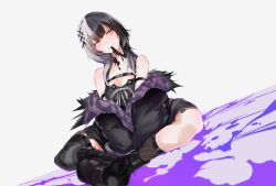 1girl absurdres arm_strap black_boots black_coat black_dress black_hair black_thighhighs boots breasts cleavage coat dress fur-trimmed_coat fur_trim grey_hair grey_ribbon highres hololive hololive_english kurochanai long_hair medium_breasts mouth_hold multicolored_hair on_ground purple_coat shiori_novella shiori_novella_(1st_costume) simple_background single_thighhigh solo split-color_hair striped_clothes striped_thighhighs teeth_hold thighhighs two-sided_coat two-sided_fabric two-tone_hair virtual_youtuber white_background yellow_eyes