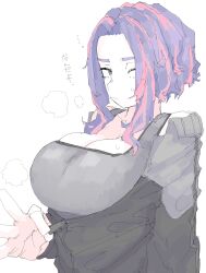 1girl absurdres black_jacket boku_no_hero_academia breasts cleavage_cutout clothing_cutout highres jacket lady_nagant large_breasts looking_at_viewer mocamocaink multicolored_hair one_eye_closed pink_hair purple_eyes purple_hair shirt short_hair solo streaked_hair two-tone_hair upper_body