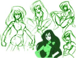1girl artist_request breasts reference_sheet disney female_focus full_body kim_possible kim_possible_(series) large_breasts monochrome partially_colored shego simple_background sketch spread_legs white_background