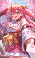Rule 34 | 1girl, 35p (sakura miko), absurdres, ahoge, bell, breasts, cherry blossoms, detached sleeves, green eyes, hair bell, hair ornament, hakama, highres, hololive, japanese clothes, jingle bell, large breasts, long hair, looking at viewer, pink hair, pink hakama, sakura miko, sakura miko (1st costume), shirt, sideboob, smile, solo, virtual youtuber, white shirt, white sleeves, x hair ornament, y&#039;=&#039;y