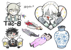 Rule 34 | 2girls, 4boys, ai the somnium files, ai the somnium files: nirvana initiative, alcohol, beer, beer mug, bisected, black eyes, black hair, blood, blood on face, bloody weapon, closed mouth, cup, drunk, enda yoneharu, fusion, gebodyabo, glasses, heterochromia, highres, horadori chikara, ice pick, low twintails, mug, multiple boys, multiple girls, open mouth, ryuki kuruto, sagan iris, sejima saito, sejima sou, shigure tokiko, simple background, smile, sparkle, spoilers, twintails, vase, weapon, white background, yandere trance