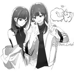 Rule 34 | 2girls, aoki hina, bang dream!, bang dream! it&#039;s mygo!!!!!, cat, chinese commentary, closed mouth, commentary request, greyscale, jacket, jhon trick, long hair, long sleeves, monochrome, multiple girls, name connection, off shoulder, open mouth, selfie, sheep, shirt, simple background, sleeveless, sleeveless shirt, v, voice actor, white background, youmiya hina