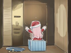 1girl bang_dream! bang_dream!_it&#039;s_mygo!!!!! box chihaya_anon commentary door from_behind hat long_hair long_sleeves lyy outline pink_hair red_hat santa_costume santa_hat solo