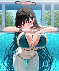 Rule 34 | 1girl, absurdres, alternate costume, aqua bikini, arm rest, bikini, black bikini, black hair, black halo, blue archive, blue sky, blush, breast press, breasts, bright pupils, cleavage, collarbone, commentary, cosplay, cropped, day, hair ornament, hairclip, halo, highres, huge breasts, kikyou (blue archive), kikyou (blue archive) (cosplay), kikyou (swimsuit) (blue archive), layered bikini, long hair, looking at viewer, mechanical halo, mizikayo, navel, outdoors, paid reward available, partially underwater shot, red eyes, rio (blue archive), side-tie bikini bottom, sky, solo, stomach, swimsuit, thighs, very long hair, white pupils