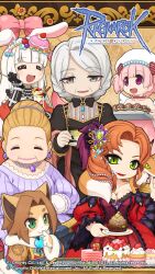 5girls :3 :d =_= animal_ears black_bow black_bowtie black_dress black_gloves blunt_bangs bow bowtie breasts brown_coat brown_hair cake cake_slice cat_boy chocolat_basinio chocolate cleavage closed_eyes closed_mouth coat copyright_notice cotnes cowboy_shot cup cupcake dien_(ragnarok_online) dress fake_animal_ears food food-themed_hair_ornament fox fur_coat furry furry_male gem gloves green_eyes grey_eyes grey_hair hair_bun hair_ornament highres holding holding_cup holding_saucer inquisitor_(ragnarok_online) jewelry logo long_hair long_sleeves looking_at_viewer macaron_hair_ornament mature_female medium_breasts mont_blanc_(food) multiple_girls necklace official_art official_wallpaper old old_woman open_mouth orange_hair parfait pearl_hair_ornament pearl_necklace pink_bow pink_hair poring purple_dress purple_eyes purple_gemstone rabbit_ears ragnarok_online red_dress red_lips ridsh saucer short_hair single_hair_bun smile spirit_handler_(ragnarok_online) teacup truffle yuichirou