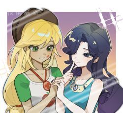 2girls alternate_hair_color apple_print applejack applejack_(equestria_girls) bare_arms bare_shoulders black_hair blonde_hair blue_dress blue_eyes border breasts brown_hat chengzi82020 chinese_commentary chinese_text closed_mouth collarbone commentary_request cowboy_hat dark-skinned_female dark_skin dress finger_to_cheek fingernails food_print freckles fruit_print gradient_background green_eyes grin hair_between_eyes hair_over_one_eye hat holding_hands interlocked_fingers lipstick_mark lipstick_mark_on_cheek long_hair looking_at_another low-tied_long_hair multiple_girls my_little_pony my_little_pony:_equestria_girls my_little_pony:_friendship_is_magic official_alternate_costume one_eye_covered orange_background outside_border purple_background raglan_sleeves raised_eyebrows rarity_(equestria_girls) rarity_(my_little_pony) shirt short_sleeves sidelocks sleeveless sleeveless_dress small_breasts smile sparkle swept_bangs translation_request upper_body white_border white_shirt yuri