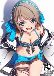 1girl amagi_(volfuji) bikini blush bow breasts brown_hair cleavage dot_nose flower frilled_bikini frills from_above front-tie_bikini_top front-tie_top gem grey_hair hairband highres jacket jewelry leaning_back legs love_live! midriff navel necklace nose_blush open_clothes open_jacket open_mouth outstretched_arms petals ribbon seashell shadow shell short_hair simple_background sitting skirt smile solo stomach striped_bikini striped_bow striped_clothes swimsuit thighs tongue watanabe_you wavy_hair white_background