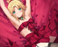 1girl armpits arms_up blonde_hair blush breasts fate/apocrypha fate_(series) green_eyes jewelry long_hair looking_at_viewer mordred_(fate) mordred_(fate/apocrypha) parted_bangs pendant ponytail red_ribbon red_skirt ribbon sidelocks skirt small_breasts solo thighhighs tonee