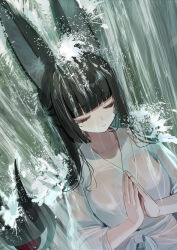 1girl alternate_costume animal_ears black_hair blunt_bangs breasts chinese_commentary closed_eyes closed_mouth collarbone commentary_request facing_ahead fox_ears fox_girl highres hoshimi_miyabi large_breasts meditation own_hands_together robe ruiuncle solo tailless_(zenless_zone_zero) water waterfall wet white_robe zenless_zone_zero