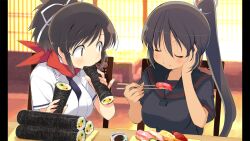 2girls absurdres asuka_(senran_kagura) black_hair black_sailor_collar black_shirt blue_necktie breasts brown_eyes chopsticks closed_eyes closed_mouth dark-skinned_female dark_skin eating food game_cg hair_ribbon hebijo_academy_school_uniform highres holding holding_chopsticks holding_food homura_(senran_kagura) indoors large_breasts long_hair makizushi medium_hair multiple_girls necktie non-web_source official_art pillarboxed ponytail red_scarf ribbon sailor_collar scarf school_uniform senran_kagura senran_kagura_shoujo-tachi_no_shin&#039;ei shirt sitting sushi tan white_ribbon white_shirt yaegashi_nan