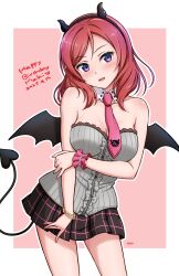 1girl :d bare_shoulders black_hairband bracelet breasts ckst contrapposto cowboy_shot dated demon_horns demon_tail demon_wings fake_horns grey_shirt hairband happy_birthday highres holding_own_arm horns jewelry love_live! love_live!_school_idol_project medium_breasts medium_hair miniskirt necktie nishikino_maki off-shoulder_shirt off_shoulder open_mouth pink_necktie plaid_clothes plaid_skirt red_hair shirt skirt smile solo tail wings