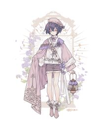 1boy beret black_hair boots bow brown_boots brown_shorts cape commentary commission double-parted_bangs embroidery fashion floral_background flower forget-me-not_(flower) full_body green_eyes hat holding holding_lantern lantern lemon89h looking_at_viewer original pink_bow pink_cape pink_hat purple_sash rococo_movement sash shorts standing