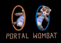 animal_ears black_background blue_bow blue_bowtie blue_overalls bow bowtie brown_eyes brown_hair chibi chibi_only common_wombat_(kemono_friends) gloves highres kemono_friends long_sleeves looking_at_viewer medium_hair mortal_kombat_(series) multicolored_hair open_mouth overall_shorts overalls parody portal_(object) portal_(series) simple_background smile sweater thighhighs title_parody walking yonkuron
