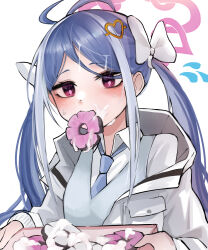 Rule 34 | 1girl, absurdres, antenna hair, blue archive, blush, bow, cum, cum on body, cum on food, donut, facial, food, fubuki (blue archive), hair bow, halo, highres, jacket, ka keo, long hair, necktie, pink halo, simple background, solo, white background, white jacket