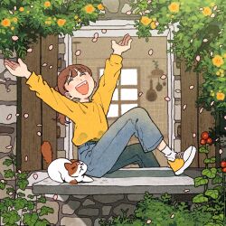 1girl ^_^ arms_up blue_pants blunt_bangs blush_stickers brick_wall brown_hair cat closed_eyes day denim dot_nose facing_up falling_petals flower foliage hair_behind_ear head_tilt highres jeans knee_up leaf long_sleeves mannerer62 medium_hair multicolored_shoes open_hands open_mouth open_window_shutter original pants petal_on_head petals pink_petals ponytail red_flower shoes sitting sneakers socks solo sweater teeth throwing throwing_petals two-tone_shoes upper_teeth_only white_shoes white_socks windowsill wispy_bangs yellow_flower yellow_shoes yellow_sweater