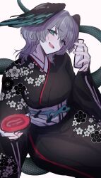 1girl alcohol aqua_eyes arknights blush grey_hair ho&#039;olheyak_(arknights) japanese_clothes kimono open_mouth sake slit_pupils smile snake_tail tail yukata