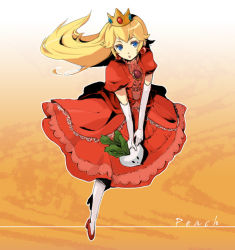 1girl alternate_color blonde_hair blue_eyes crown dress earrings elbow_gloves female_focus food gloves jewelry long_hair mario_(series) nintendo princess_peach radish red_dress sazame solo super_smash_bros. vegetable yuki_(popopo)