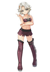 Rule 34 | 1girl, absurdres, akishimo (kancolle), aqua-framed eyewear, aqua bow, aqua bowtie, asymmetrical hair, bad source, bandeau, bow, bowtie, braid, brown hair, clothes writing, commentary request, cowboy shot, detached collar, gradient hair, grey eyes, grey hair, hair ornament, hair ribbon, hand on own elbow, highres, index finger raised, kantai collection, leaf hair ornament, looking at viewer, midriff, multicolored hair, navel, purple bandeau, purple shorts, purple thighhighs, race queen, ribbon, short hair, short hair with long locks, shorts, simple background, solo, standing, thighhighs, white background, white ribbon, yashin (yasinz)