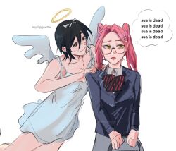 2girls alien_stage angel angel_wings bag black_bow black_bowtie black_hair blazer blood blood_on_face blue_jacket bow bowtie commentary diagonal-striped_bow diagonal-striped_bowtie diagonal-striped_clothes dress english_commentary english_text green_eyes hair_bow hair_ornament hairclip halo highres holding holding_bag jacket long_hair looking_to_the_side medium_hair mizi_(alien_stage) multiple_girls official_alternate_costume pink_hair school_uniform signature sleeveless sleeveless_dress striped_clothes sua_(alien_stage) the_quipper traditional_halo twintails white_bow white_dress white_wings wings
