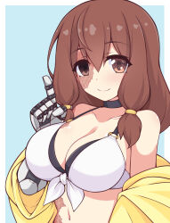 1girl absurdres bare_shoulders bikini black_choker blue_background border breasts brown_eyes brown_hair choker cleavage collarbone commentary front-tie_bikini_top front-tie_top halterneck highres jacket jacket_over_swimsuit kuroha_koudai large_breasts long_hair low-tied_sidelocks mechanical_arms navel original outside_border scar scar_across_eye scar_on_breasts scar_on_face scar_on_shoulder scar_on_stomach sidelocks simple_background solo stomach swimsuit upper_body white_bikini white_border yellow_jacket