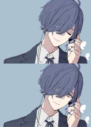 Rule 34 | 1boy, ahoge, black jacket, black ribbon, blue hair, blue nails, bug, butterfly, closed eyes, closed mouth, collared shirt, earphones, gekkoukan high school uniform, grey eyes, hair over one eye, head tilt, highres, holding, holding earphones, insect, jacket, looking at viewer, male focus, meimei hituzi, neck ribbon, persona, persona 3, portrait, ribbon, school uniform, sequential, shirt, short hair, smile, solo, upper body, white shirt, yuuki makoto (persona 3)