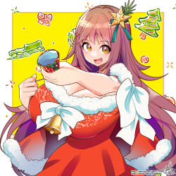 1girl :d bell blush border bow breasts brown_hair capelet chest_bow christmas_ornaments christmas_tree cleavage dress fur-trimmed_capelet fur-trimmed_dress fur_trim hair_between_eyes highres huge_breasts long_hair looking_at_viewer open_mouth original party_popper pixiv_id pixiv_username red_bow red_capelet red_dress santa_costume santa_dress signature sleigh smile solo teeth tongue twitter_username two-tone_background umigarasu_(kitsune1963) very_long_hair white_border white_bow yellow_background yellow_eyes